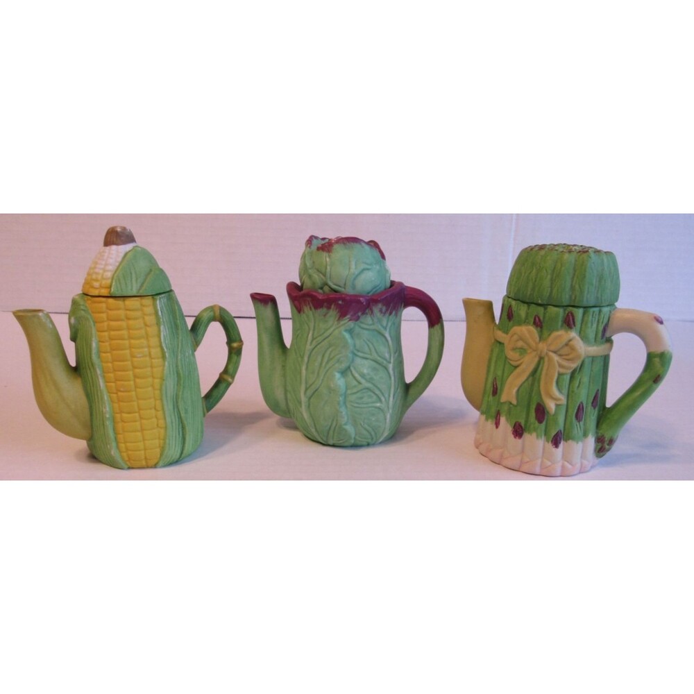 Porcelain Set of 3 Mini Tea Pots Toothpick Holder Corn/Cabbage/Asparagus 4 Inch